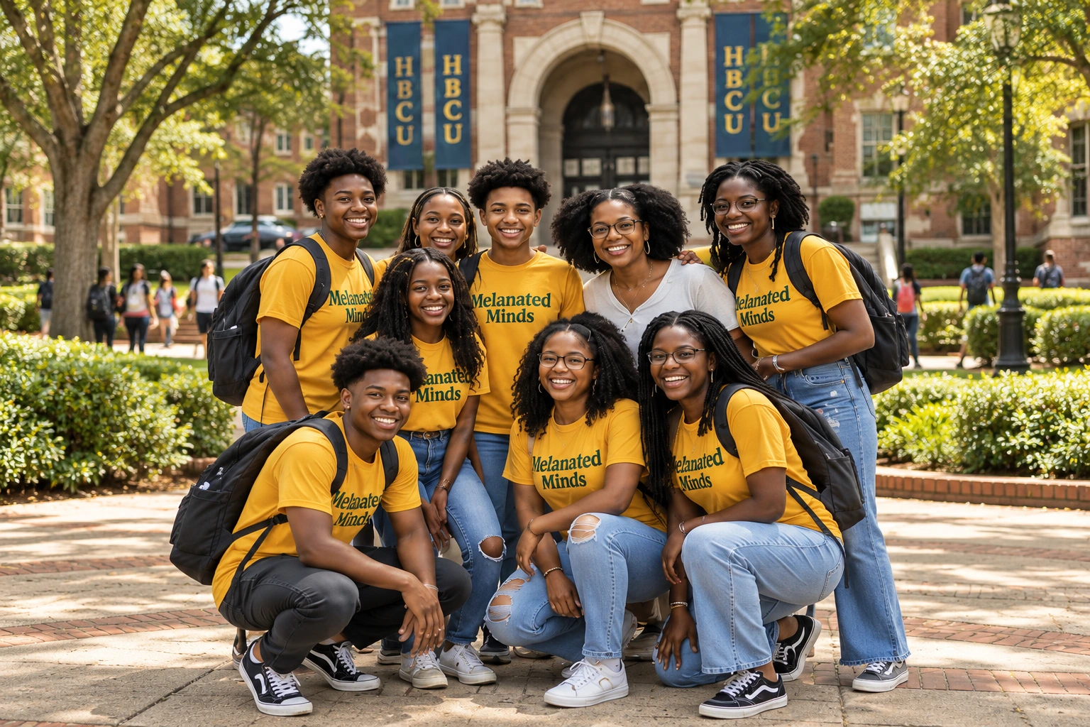 Students connecting on campus in Melanated Minds shirts